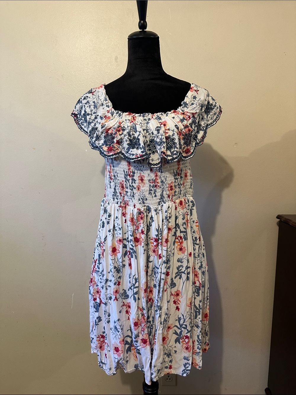 Xhilaration White Floral Smocked Mini Dress with Blue & Pink Print